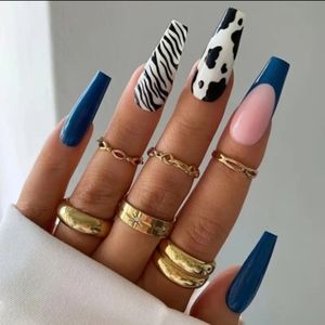 DIY Beautiful Nail Shiny Navy Blue Black/White Designs Press On Nails 24pcs